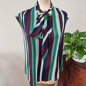 NWT NY&Co 7th Avenue Tie-Neck Sleeveless Blouse Small Green Navy Burgundy Stripe